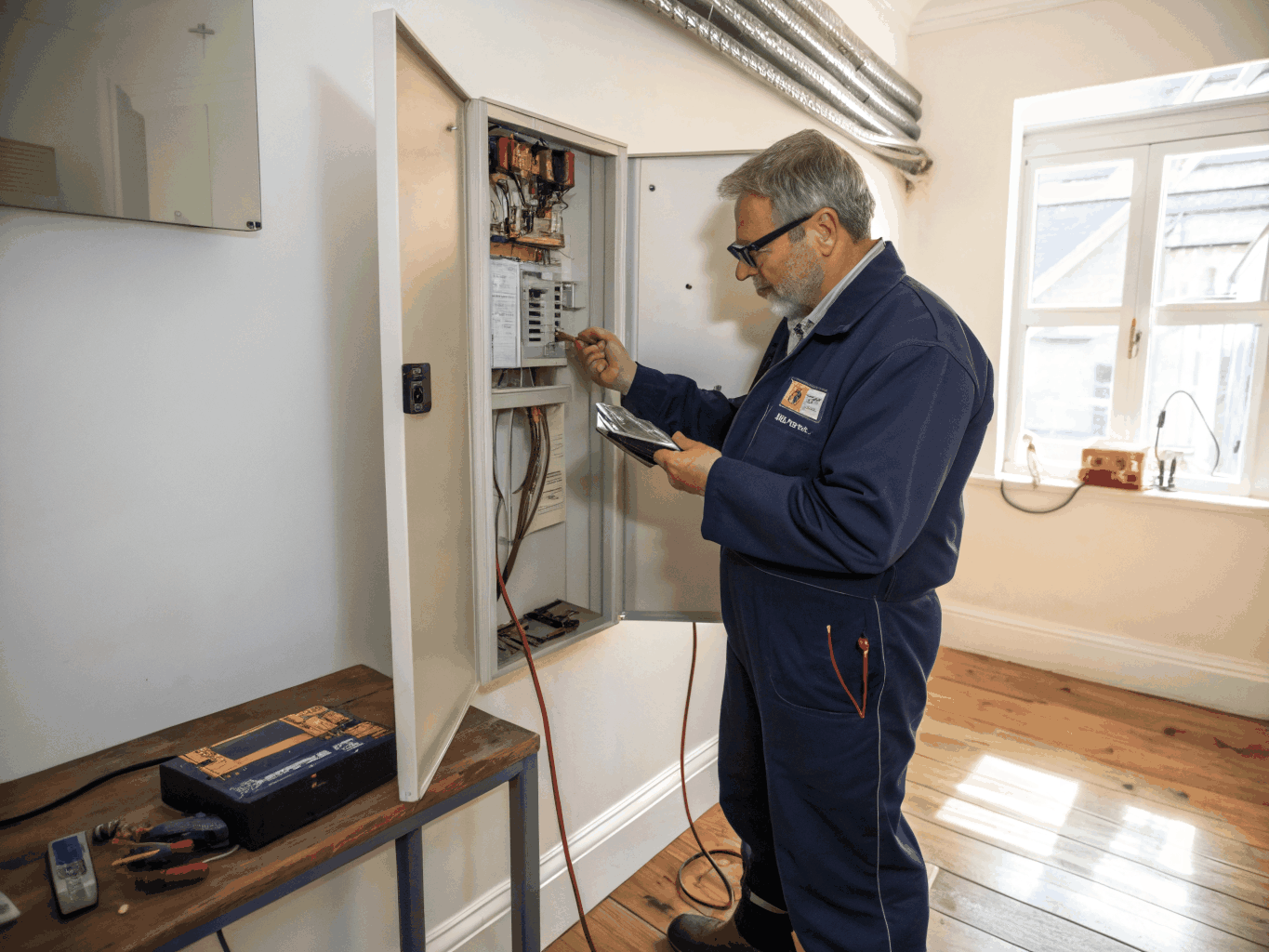 Professional electrician installing a modern fuse board