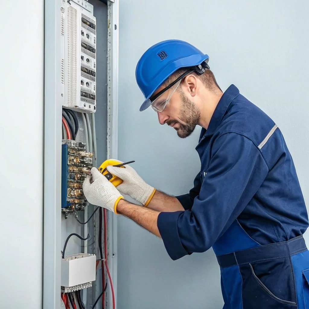 Professional electrician performing an EICR inspection on a modern fuse board